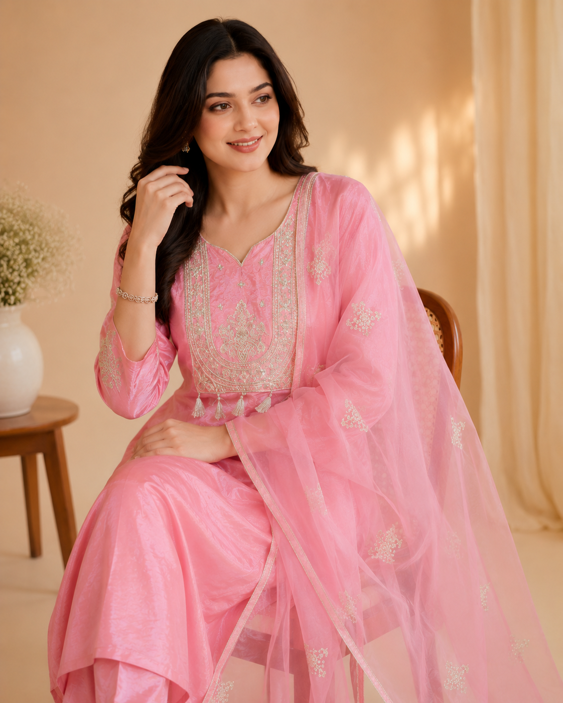 Pink Embroidered Kurti Set