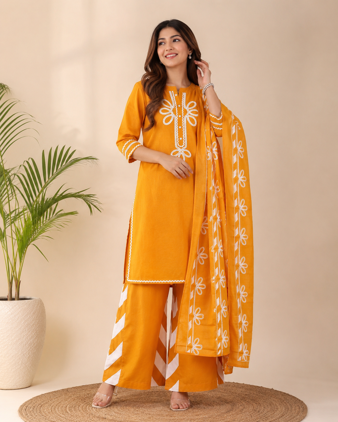 Premium Mustard Bloom Cotton Kurti Set