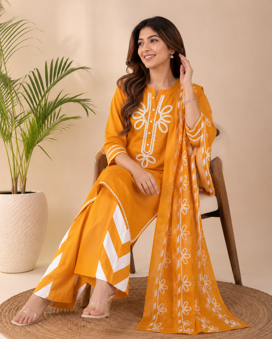 Premium Mustard Bloom Cotton Kurti Set
