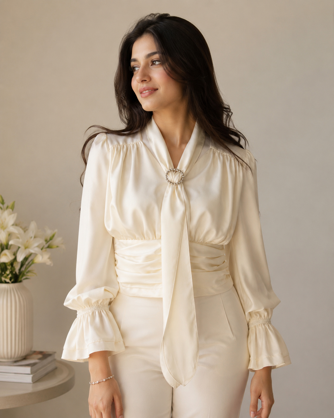 Ivory Grace Tie-Neck Satin Top