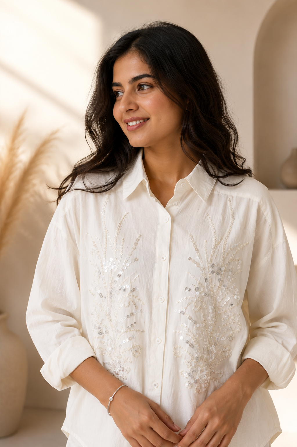 White Sequined Partywear Shirt