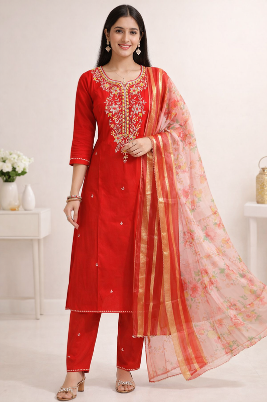 AFFORDABLE RED ORANGE KURTI SET