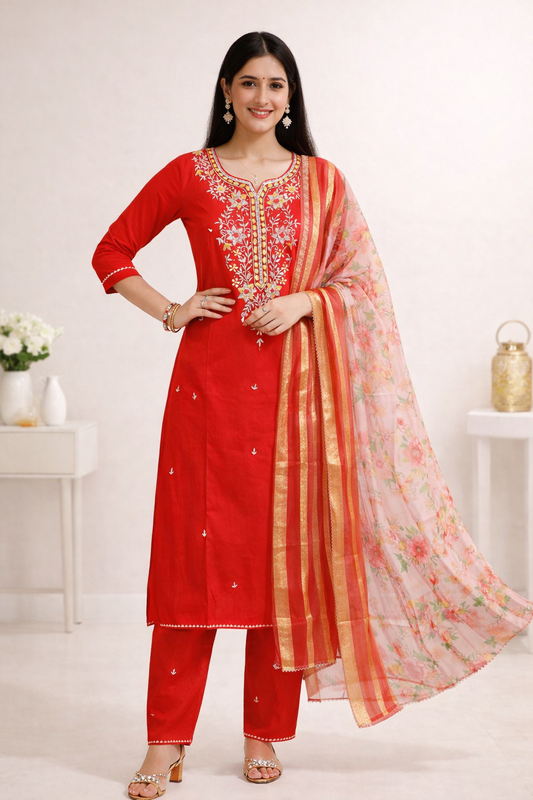 AFFORDABLE RED ORANGE KURTI SET