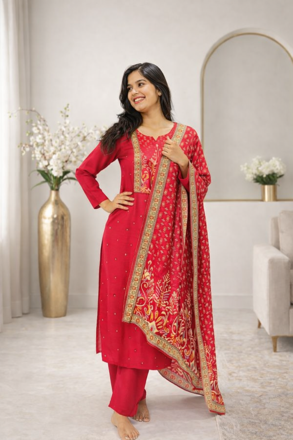 Must have Red Kurti set with heavy dupatta