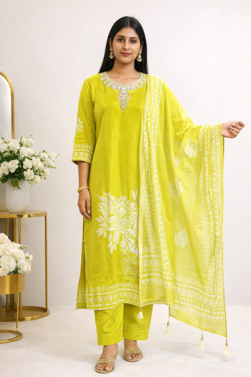 Premium Pure Crepe Lime Green Kurti Set