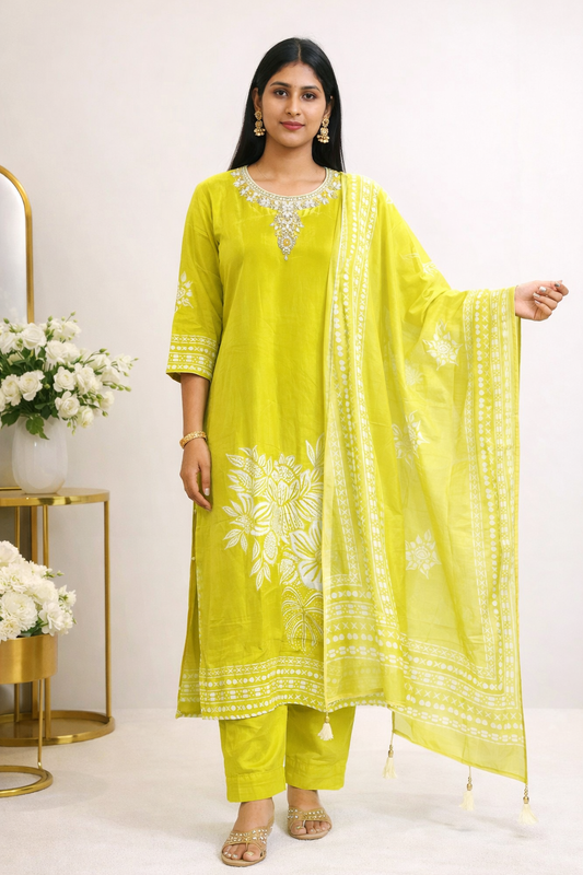 Premium Pure Crepe Lime Green Kurti Set