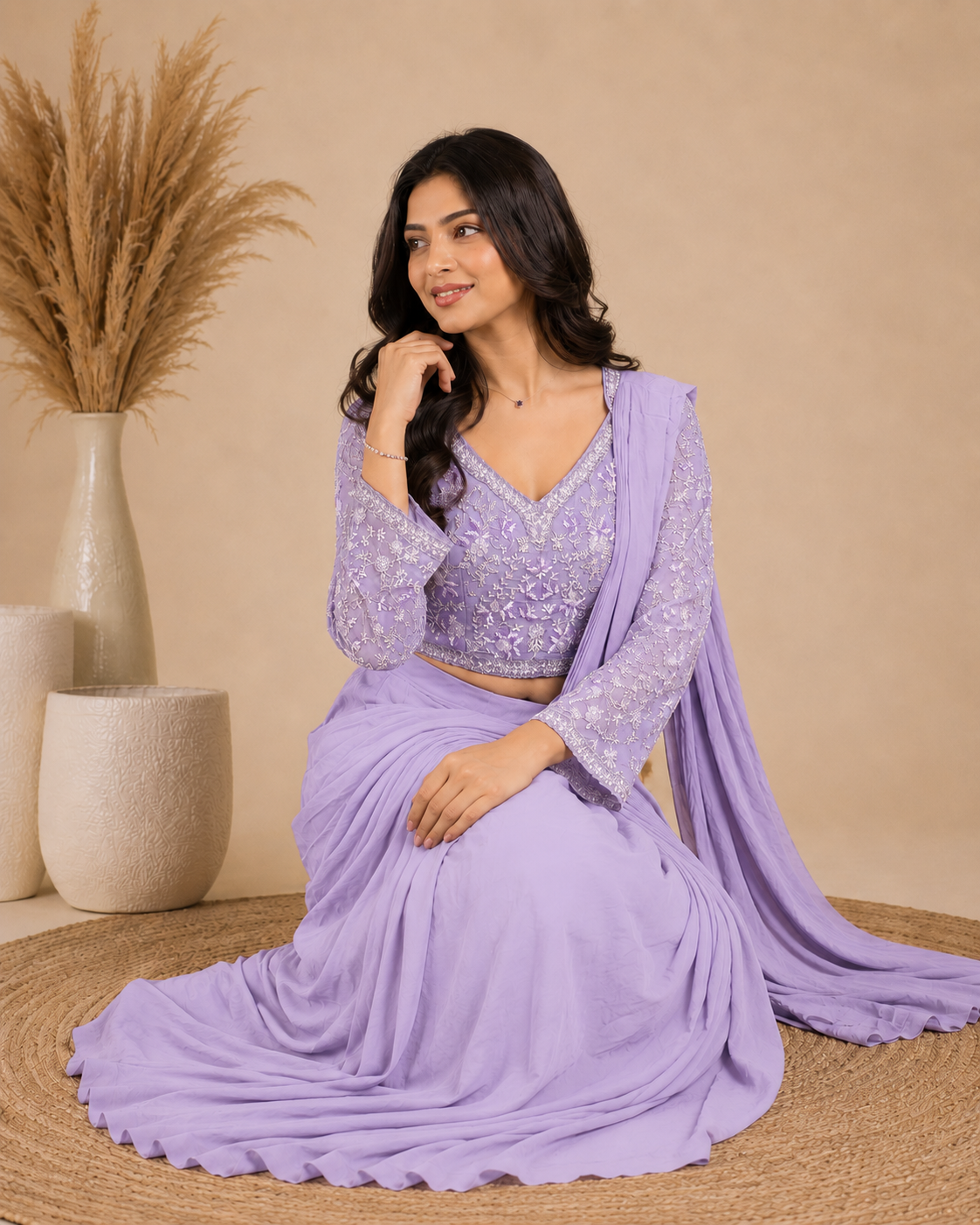 Lavender Handworked Ready-to-Wear Drape Saree Set