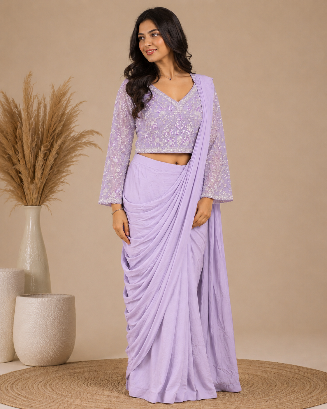 Lavender Handworked Ready-to-Wear Drape Saree Set