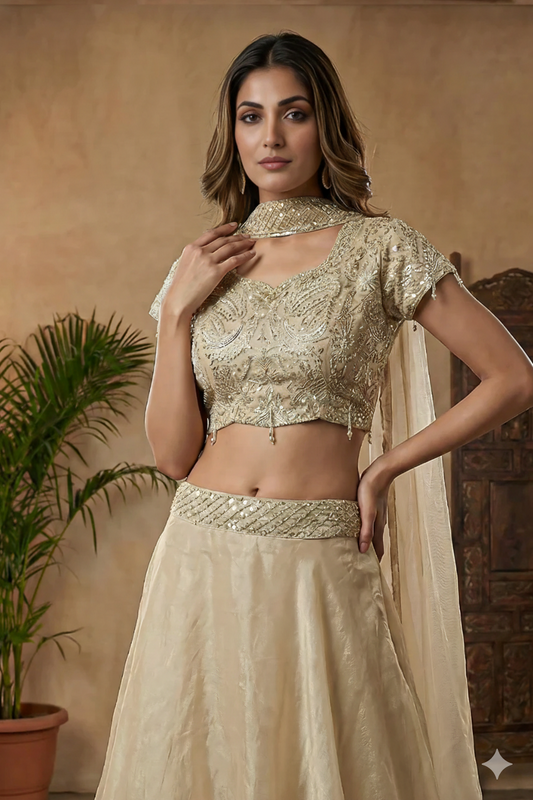 PREMIUM BEIGE INDOWESTERN LEHENGA SET