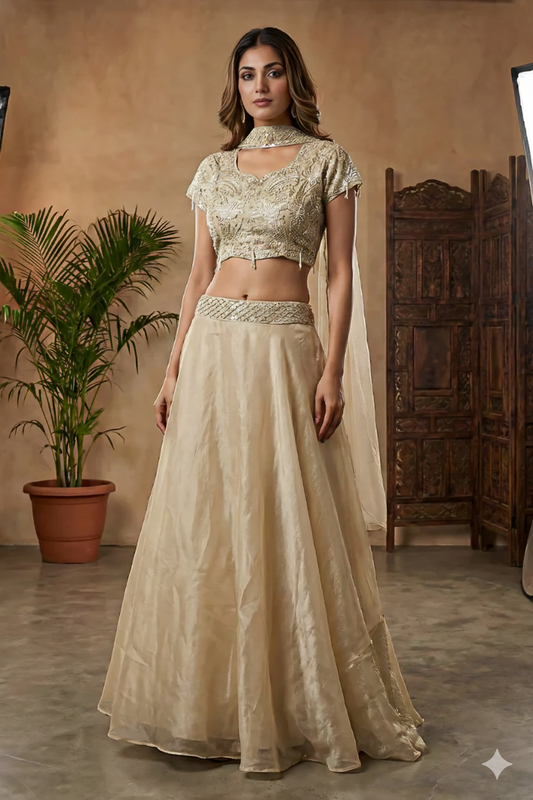 PREMIUM BEIGE INDOWESTERN LEHENGA SET