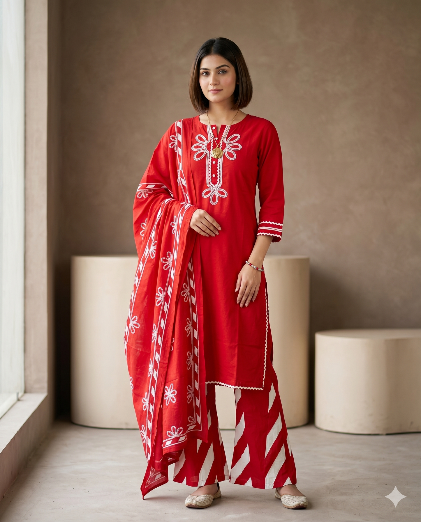 Vibrant Red Floral Embroidered Short Kurti Set