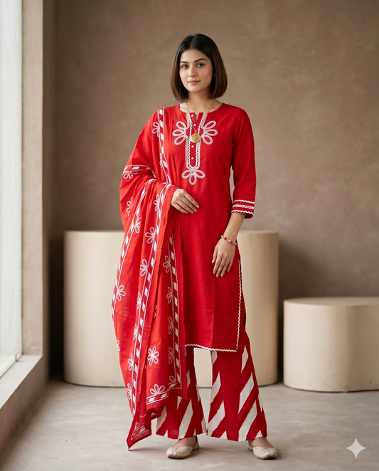 Vibrant Red Floral Embroidered Short Kurti Set
