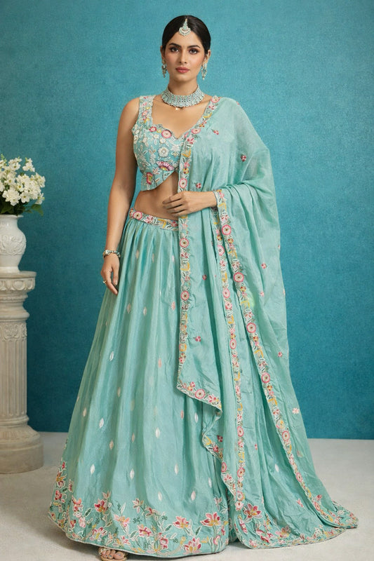 Aqua Bloom Hand-Embroidered Lehenga Set