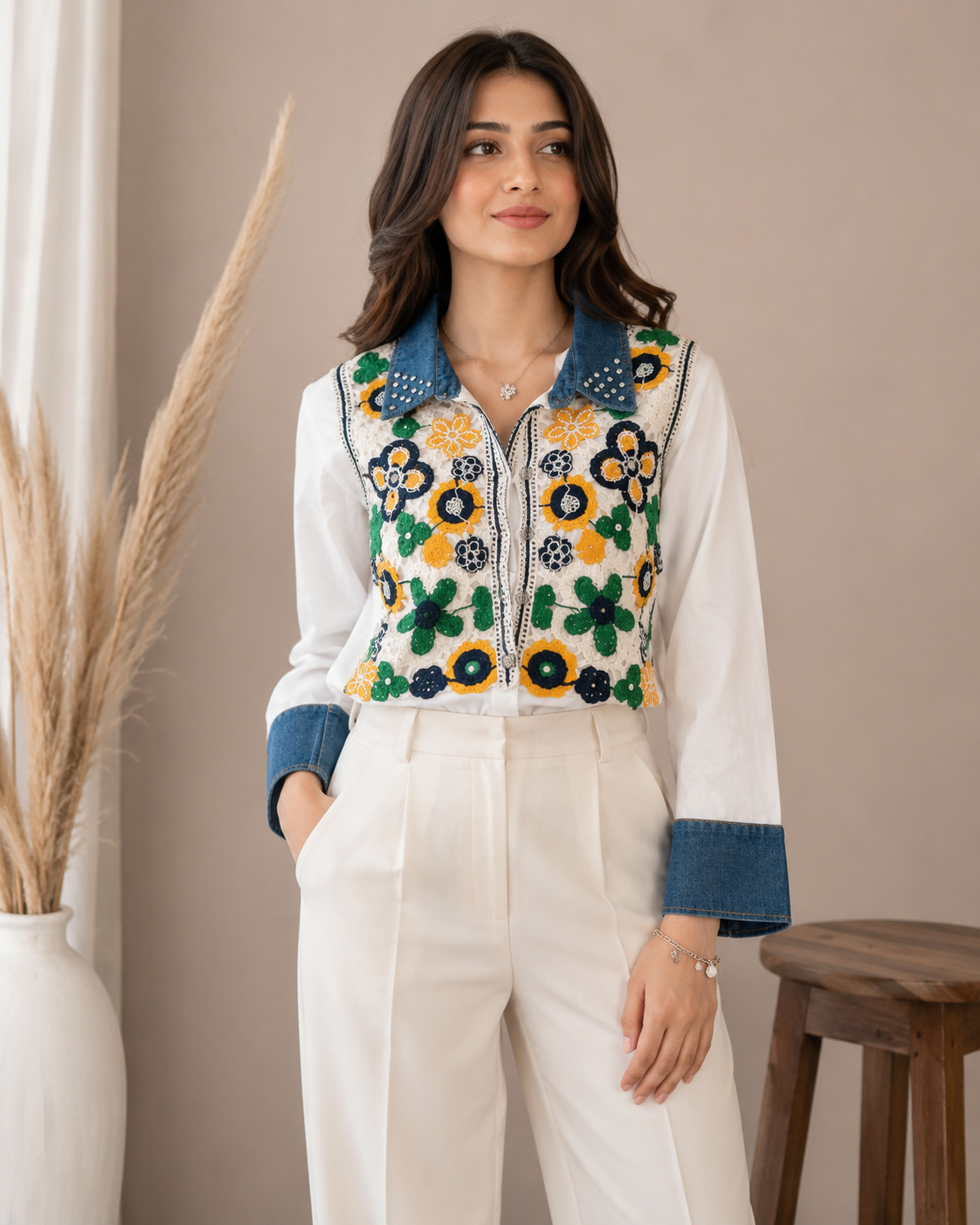 Floral Embellished Crochet Layered Shirt Top