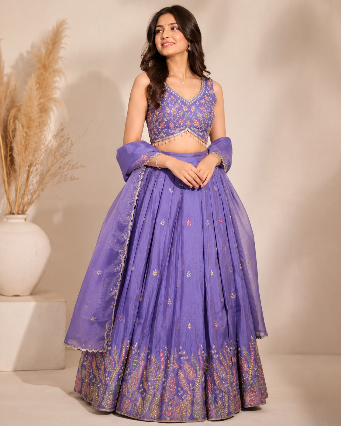 Lavender Embroidered Crop Top Lehenga Set