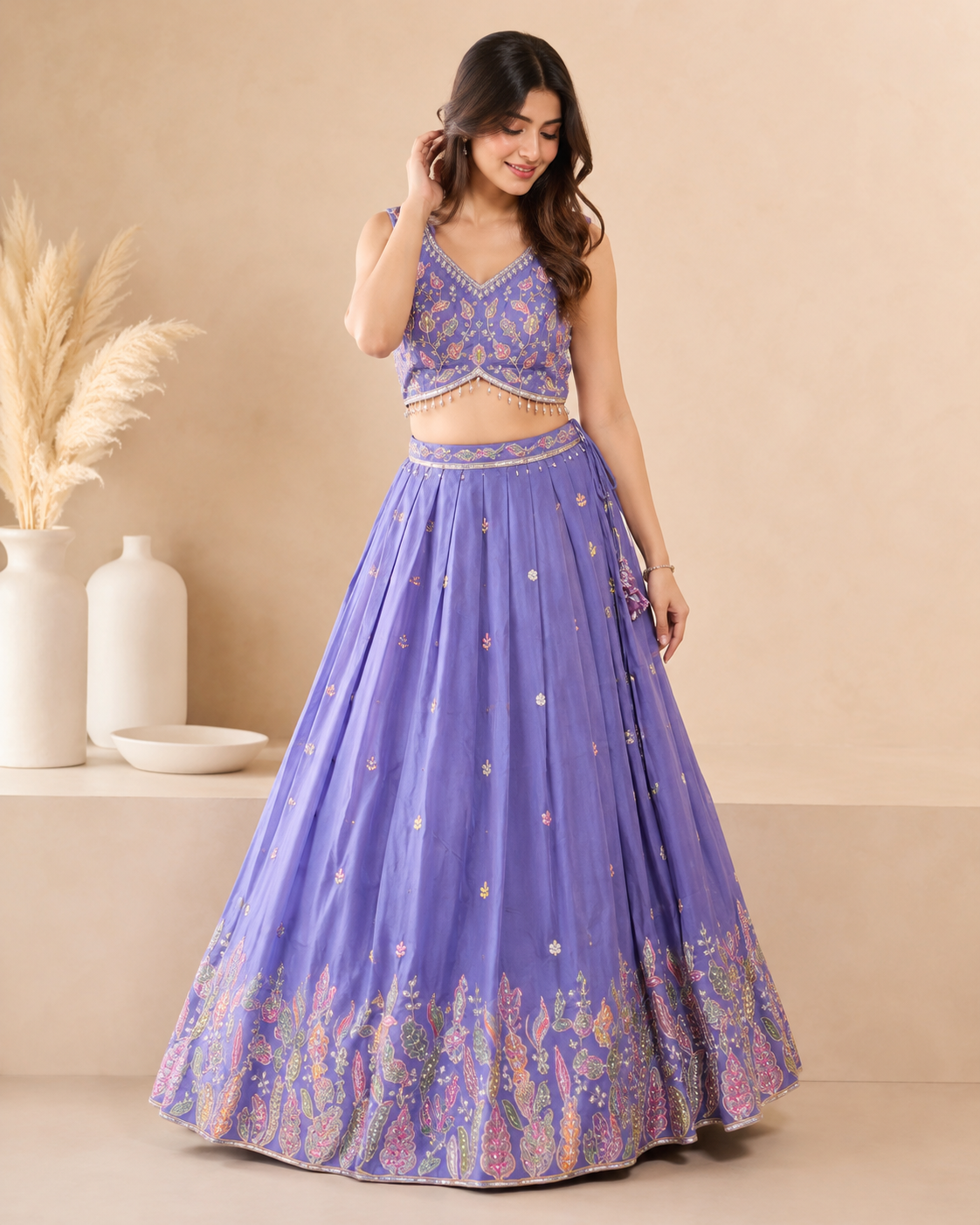 Lavender Embroidered Crop Top Lehenga Set