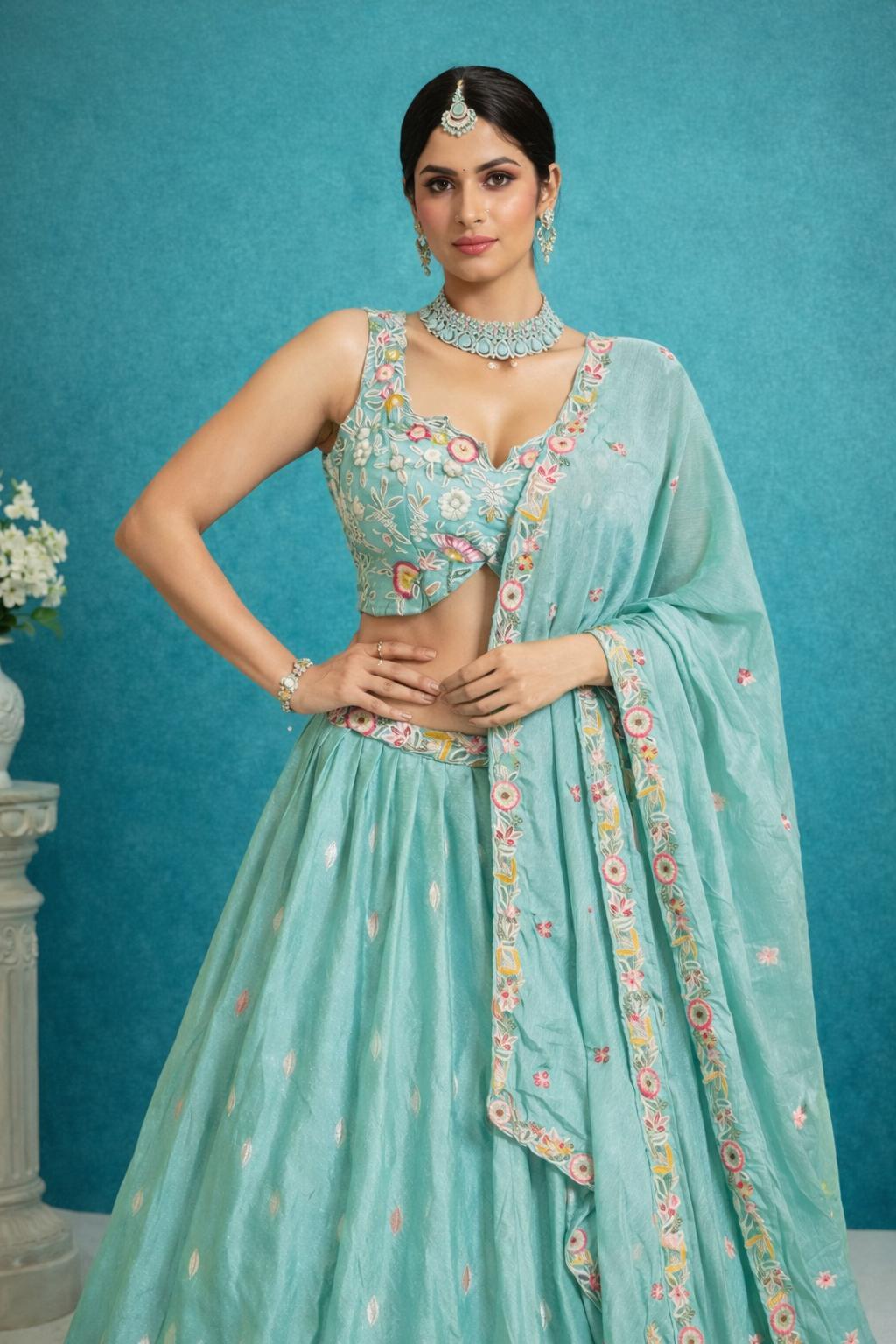 Aqua Bloom Hand-Embroidered Lehenga Set