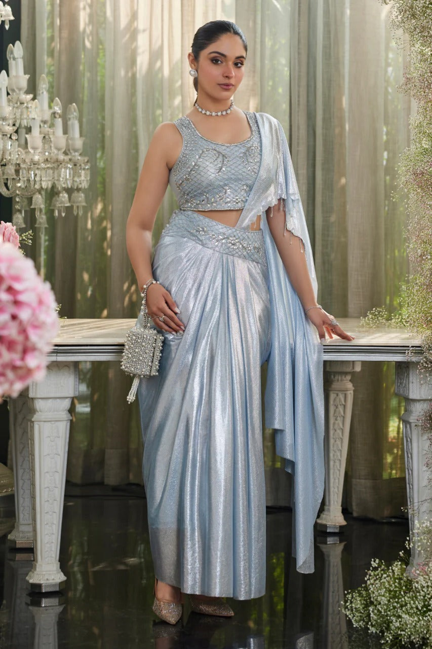 Everyone's Attention Shine Silver Drape Saree