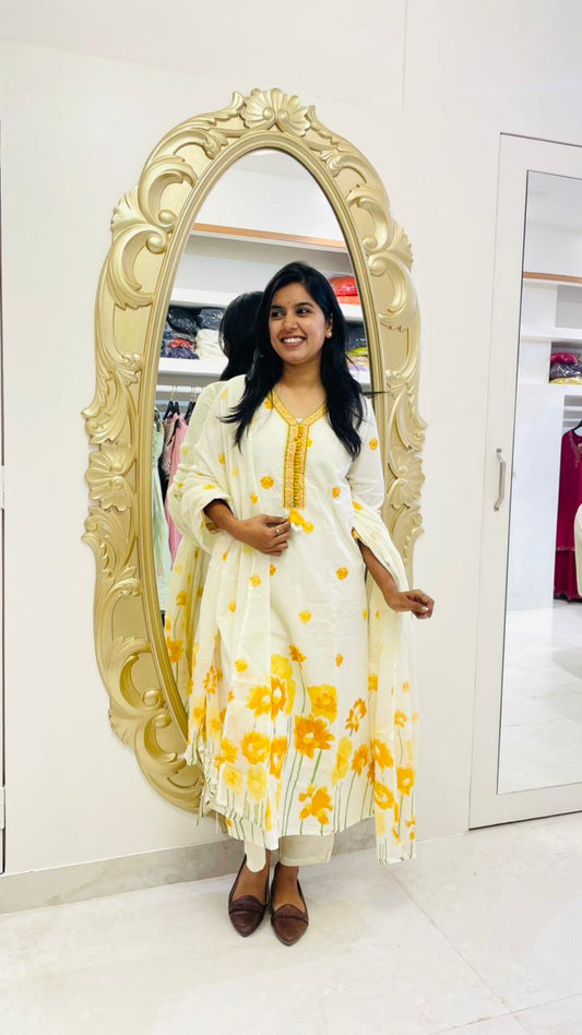 Sunbloom Ivory Cotton Kurti Set