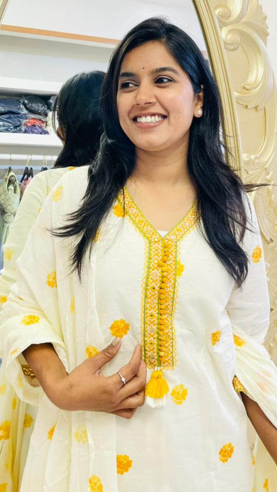 Sunbloom Ivory Cotton Kurti Set