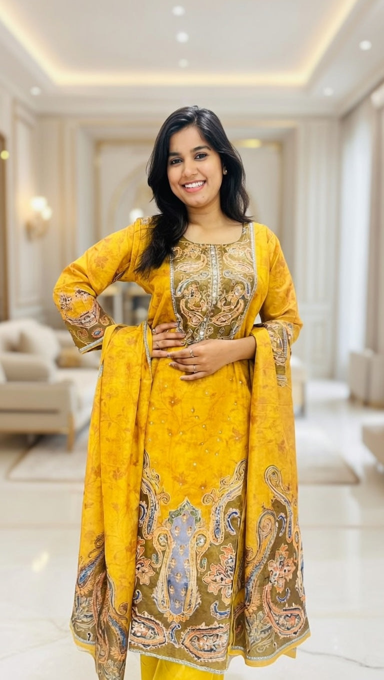 Premium Mustard Kalamkari Handwork