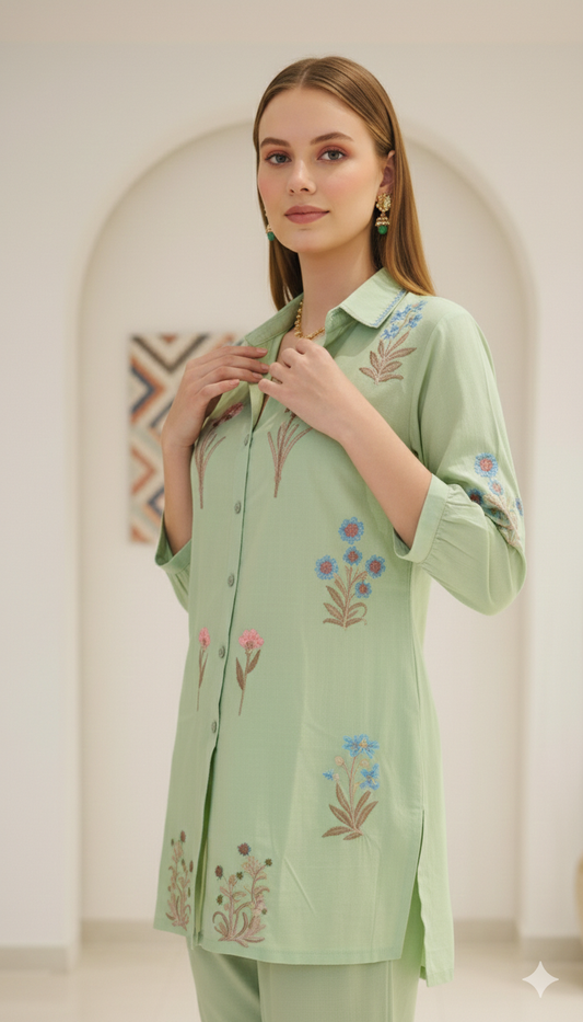 Sage Floral Embroidered Cotton Co-ord Set