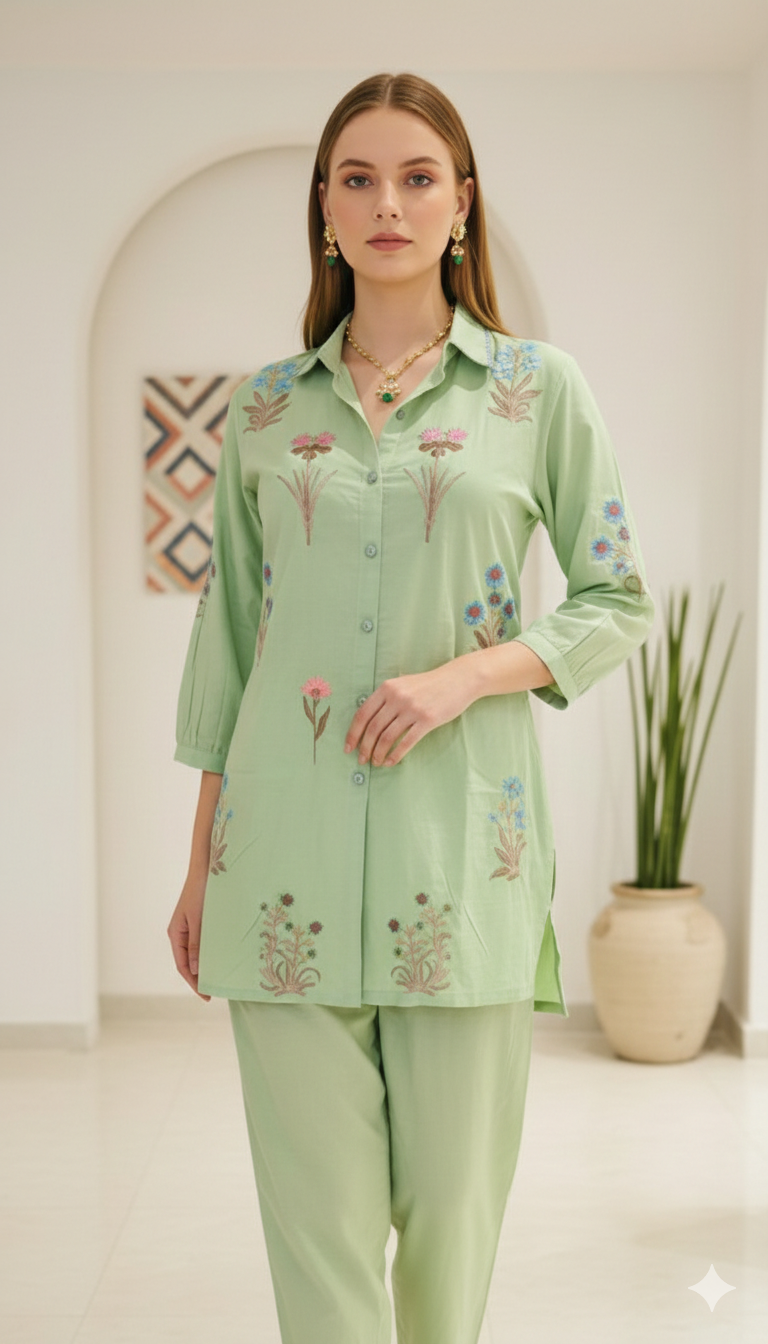 Sage Floral Embroidered Cotton Co-ord Set