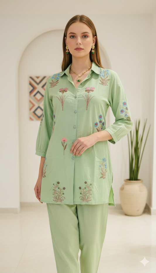 Sage Floral Embroidered Cotton Co-ord Set