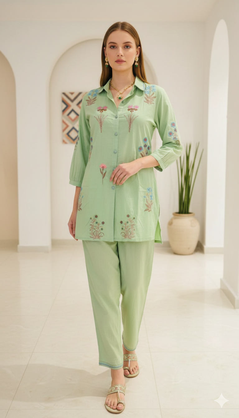 Sage Floral Embroidered Cotton Co-ord Set
