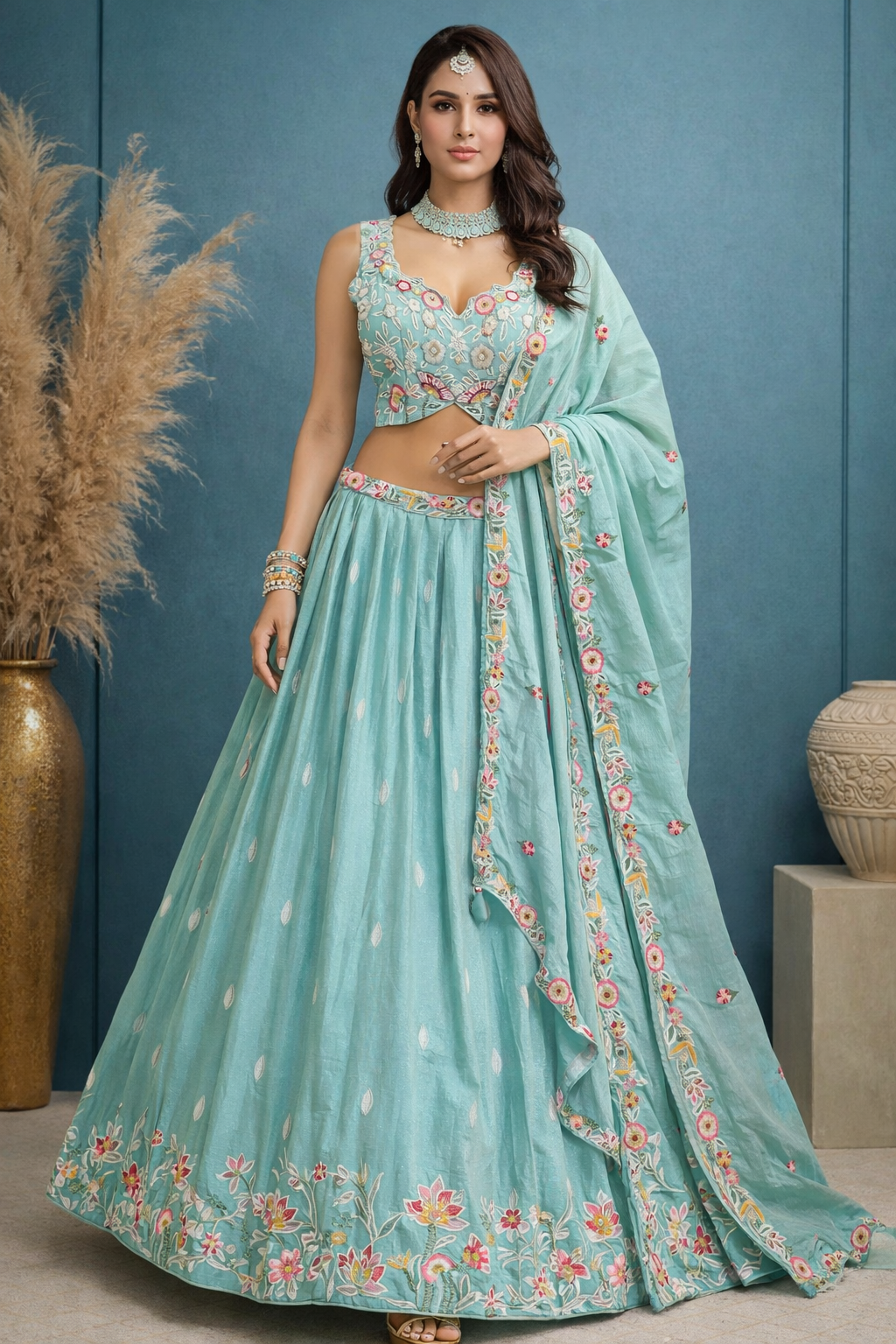 Aqua Bloom Hand-Embroidered Lehenga Set